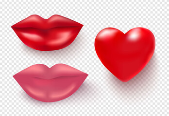 A set of bright realistic lips and a red heart on a transparent background.On Valentine's Day.For social networks, postcards, posters, advertising.