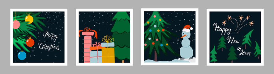 Set of Christmas cards, Christmas decorations, gifts, Christmas trees, fireworks.snowman.