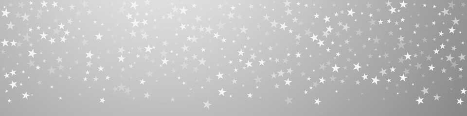 Random falling stars Christmas background. Subtle flying snow flakes and stars on grey background. Brilliant winter silver snowflake overlay template. Magnetic panoramic illustration.