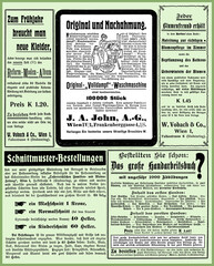 Commercial advertising page in German with many promotion banners and vignettes dated 1907 from Austrian Familien und Moden magazine