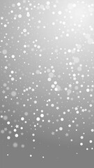 Magic stars random Christmas background. Subtle flying snow flakes and stars on grey background. Amusing winter silver snowflake overlay template. Precious vertical illustration.