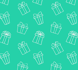 Vector illustration of birthday gifts boxes on a green background. White lines of miluets and doodles
