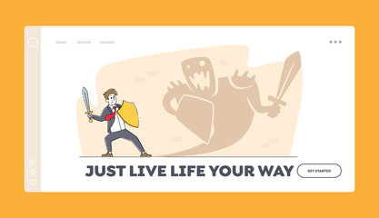 Fototapeta na wymiar Challenge, Battle Landing Page Template. Businessman Character Holding Shield and Sword Fighting with Monster Shadow