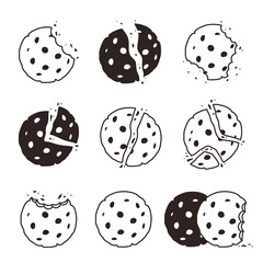 Bitten cookies crumbs. Snack delicious biscuits vector stylized dessert food symbol. Chocolate cookie, bakery bite dessert, pastry homemade black white illustration