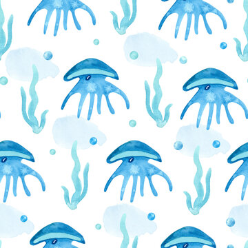 Watercolor Blue Seamless Pattern With Jellyfish, Bubbles And Sea Weed On White. Great For Fabrics, Wrapping Papers, Wallpapers, Linens, Baby Clothes. Hand Painted Illustration. Beautiful Textile Print