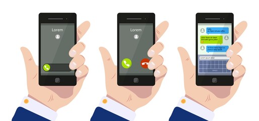 Incoming call. Hand holding smartphone, calling mobile and chat in message app vector concept. Communication smartphone mobile, call incoming illustration