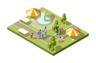 Family in park. Parents walking in urban park and playing with kids garish vector isometric background. Family in park walk, people recreation and leisure illustration