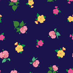 Colorful hibiscus seamless pattern on dark blue background