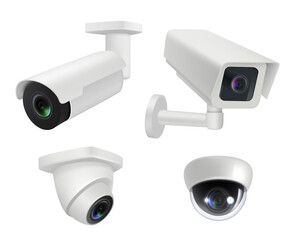 Security camera. Realistic cctv home wireless electronic inspection cameras decent vector illustrations. Video cctv camera, electronic equipment to monitoring - obrazy, fototapety, plakaty