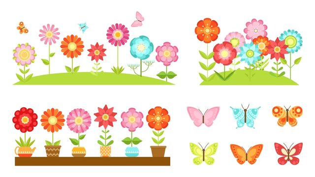 Flat garden flower borders. Wild flowers, blooming plants in pots. Colorful butterflies, spring summer time decorative elements vector set. Illustration blossom flora, plant leaf colorful
