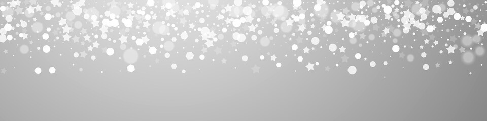 Magic stars sparse Christmas background. Subtle flying snow flakes and stars on grey background. Brilliant winter silver snowflake overlay template. Fabulous panoramic illustration.