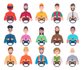 Drivers avatars. Service professional sitting in automobile and holding car steering wheel male and female drivers exact vector illustrations. Job avatar driver, transportation characters man woman