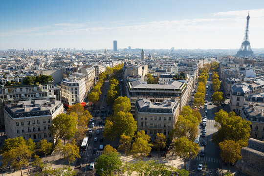 Aerial view of european city Paris with Eiffel Tower and apartment view from drones, France