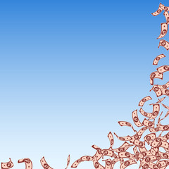 Russian ruble notes falling. Small RUB bills on blue sky background. Russia money. Beautiful vector illustration. Magnificent jackpot, wealth or success concept.