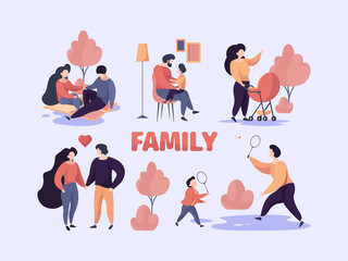 Family couples. Stylized happy characters parents mother and father with kids in various situation adult standing garish vector set. Illustration mother and father, family together rest