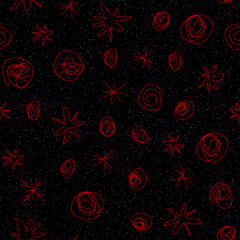 Hand Drawn red Snowflakes Christmas Seamless Pattern. Subtle Flying Snow Flakes on black Background. Divine chalk handdrawn snow overlay. Lively holiday season decoration.