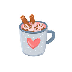 Hand drawn romantic cocoa cup vector illustration. Coffee mug with marshmallow and cinnamon sticks