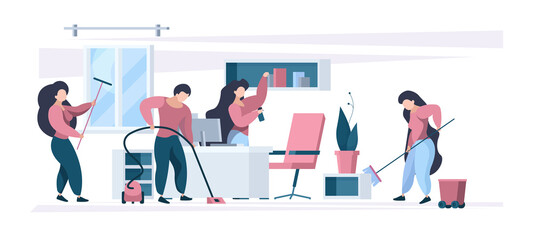 Office cleaning. Workers washing and cleaning business open space interior garish vector background. Cleaner worker office team, clean service illustration
