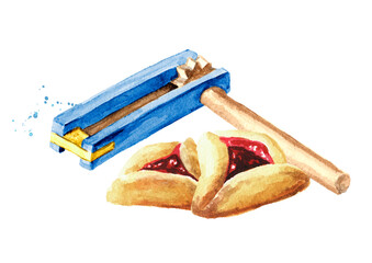 Wooden traditional toy gragger grogger noise maker and Traditional Jewish cookies Hamantaschen for Purim holiday. Hand drawn watercolor illustration isolated on white background