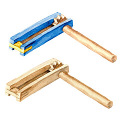 Wooden traditional toy gragger grogger noise maker for Judaism and religious jewish holiday holiday purim celebration. Hand drawn watercolor illustration isolated on white background