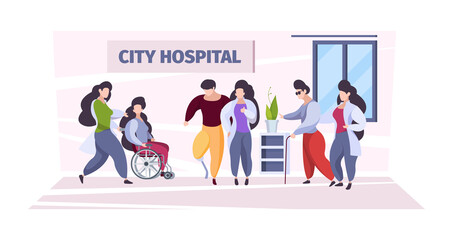 Disabled people care. Medical personal nurses and doctors helping to disabled persons in wheelchairs damages body parts garish vector background. People disabled, nursing medical illustration
