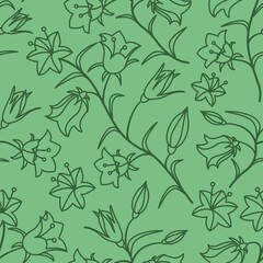 Fototapeta na wymiar A seamless pattern with the colors of bells. Dark green contour on an angry background. Vector illustration.