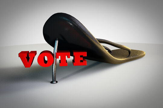 Nail is ready to pierce the slipper demonstrating protesting elections or angry voter concept. 3D illustration