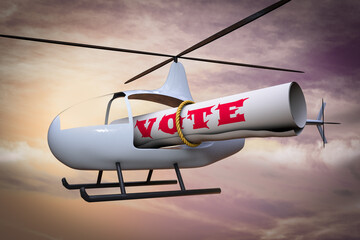 Helicopter carries a vote demonstrating Mail in vote or absentee voting concept. 3D illustration