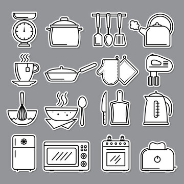 Kitchen icon. Preparing food symbols knife cooking stove recent vector illustrations. Cooking and preparation, mixer and pan, cook and stove