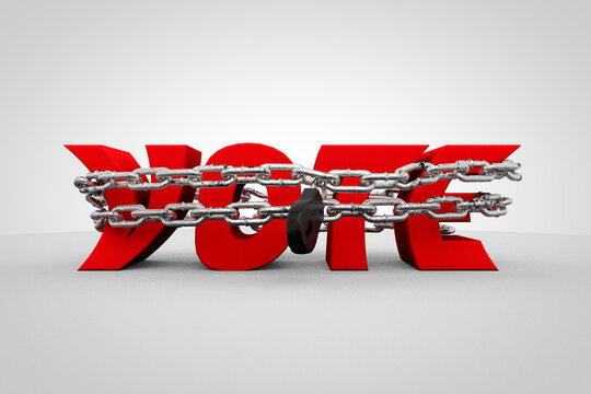 Vote letters wrapped in chain demonstrating protesting elections or angry voter concept. 3D illustration