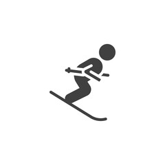 Skier skiing downhill vector icon. filled flat sign for mobile concept and web design. Skiing winter sport glyph icon. Symbol, logo illustration. Vector graphics