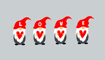 Cute four valentine gnomes holding hearts isolated on grey. Vector flat illustration.