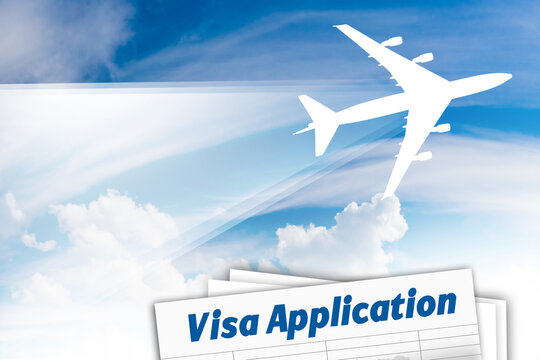 Travel visa with an airplane taking off in the background. Flight to another country. Obtaining a visa for travel.