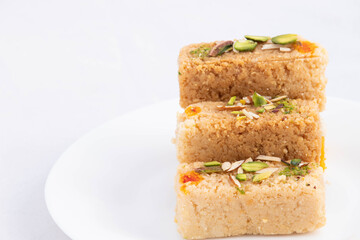Exotic Mithai Hot Milkcake Kalakand Burfi Or Barfi Made Of Khoya Doodh Malai Is Served On Occasions Like Holi Diwali Puja Eid Rakshabandhan In India. Isolated On White Background With Space For Text