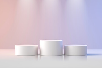 White product background stand or podium pedestal on advertising display with blank backdrops. 3D rendering.