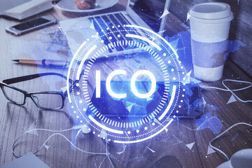 Double exposure of blockchain theme drawing and cell phone background. Concept of cryptomarket