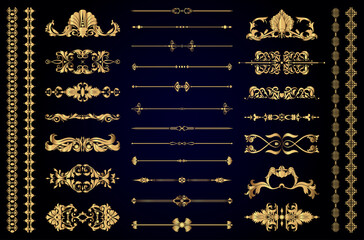 Set of gold decorative elements for book decoration, holidays and wedding decor, vector illustration