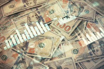 Multi exposure of forex chart drawing over us dollars bill background. Concept of financial success markets.