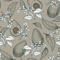 Seamless pattern with hand-drawn avocados. 
Stock illustration.