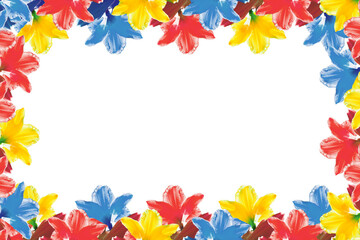 Frame of red, yellow and blue flowers. Lily flowers. Copy space.