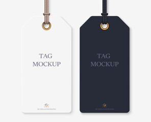 Realistic tag mockup: blank whute and black tag for your design. isolated on light transparent background. Vector illustration EPS10. - obrazy, fototapety, plakaty