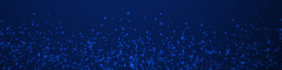 Magic stars Christmas background. Subtle flying snow flakes and stars on dark blue background. Breathtaking winter silver snowflake overlay template. Dazzling panoramic illustration.
