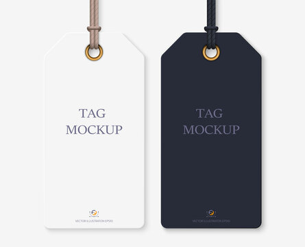 Realistic tag mockup: blank whute and black tag for your design. isolated on light transparent background. Vector illustration EPS10.