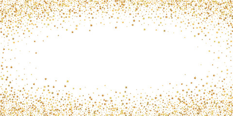 Gold stars luxury sparkling confetti. Scattered small gold particles on white background. Extraordinary festive overlay template. Ecstatic vector illustration.