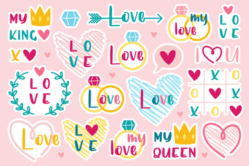 St Valentine's holiday. Love cliparts. Heart, ring, crown. Relationship, emotion, passion. Set of elements, stickers.