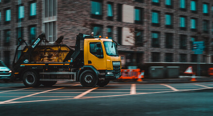 Panning shot of a yellow dumpster truck taking a turn in an english city of Cambridge. Background blurred with low shutter speed