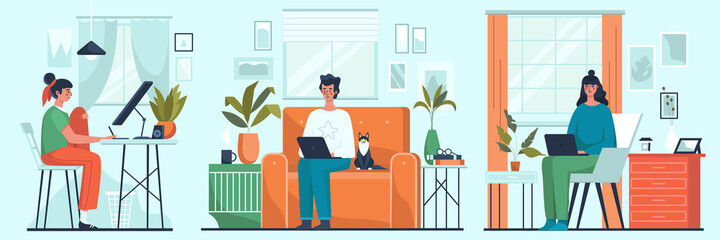 Set of freelance people work in comfortable conditions at home.