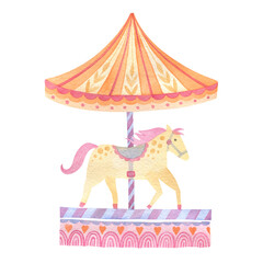 Carousel with a yellow horse under a large multi-colored tent. Watercolor drawing. © iakovetssvetlana
