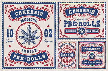 A set of vintage labels and badges for a cannabis theme, these design can be used as templates for packages for different marijuana products