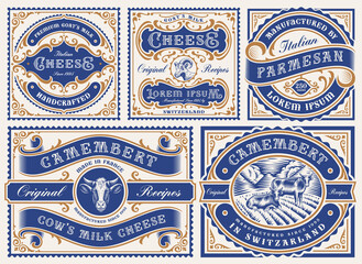 A set of vintage editable cheese labels, all elements are in separate groups and editable. - obrazy, fototapety, plakaty
